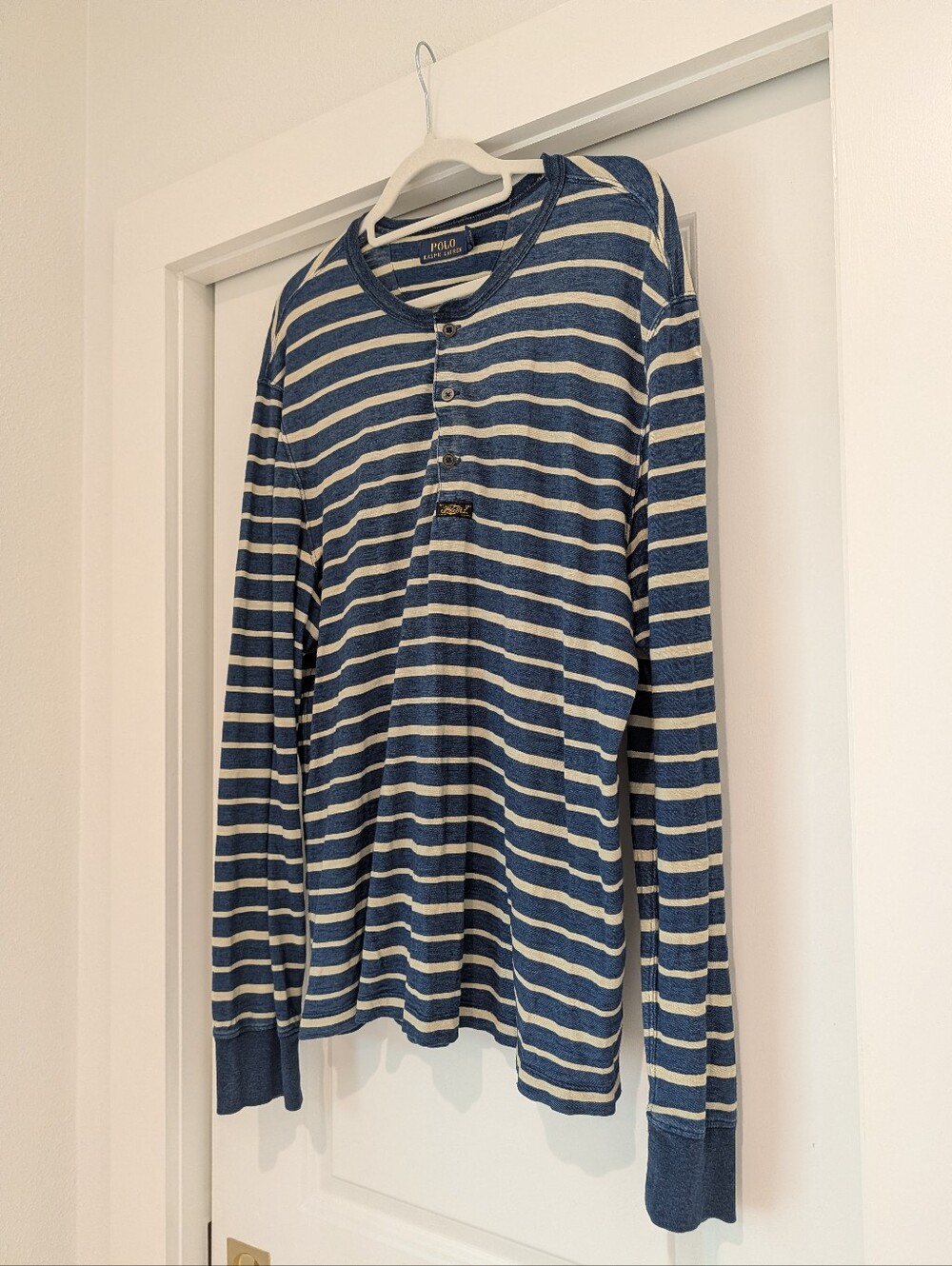 Rare Anchor Logo Polo Ralph Lauren Indigo & White Striped Long-Sleeve Henley XL